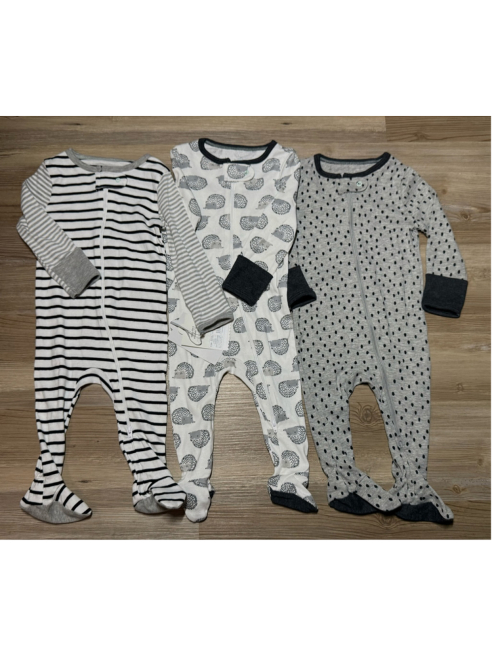 Cloud Island Footies 3-Pack 6-9 Months Grey White Striped Hedgehog